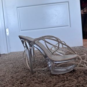 Pleaser heels with glittery straps clear toe strap